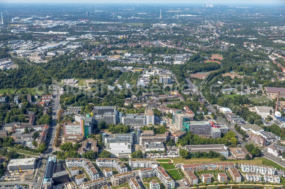 Aerial image Essen - Campus building of the University of Duisburg-Essen with visible restoration work in Essen in the state North Rhine-Westphalia, Germany