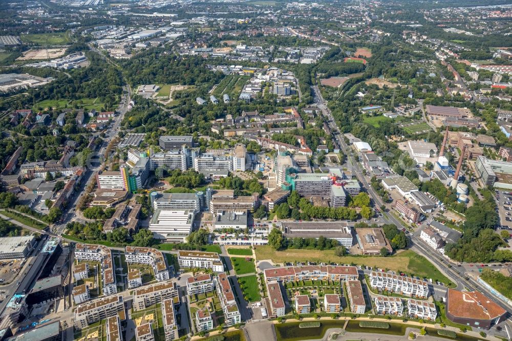 Essen from above - Campus building of the University of Duisburg-Essen with visible restoration work in Essen in the state North Rhine-Westphalia, Germany