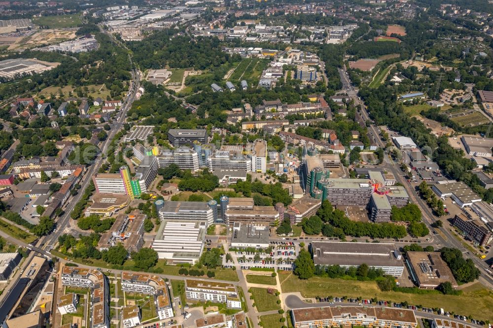 Aerial image Essen - Campus building of the University of Duisburg-Essen with visible restoration work in Essen in the state North Rhine-Westphalia, Germany