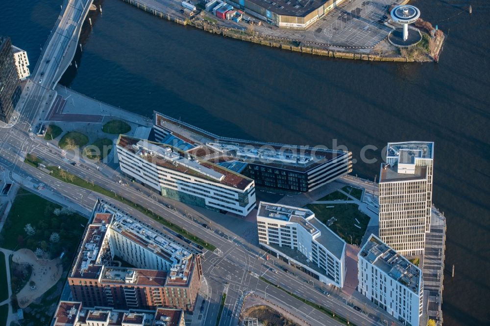 Hamburg from the bird's eye view: Campus building of the university HafenCity Universitaet Hamburg at the Ueberseeallee along the Elbe in Hamburg, Germany