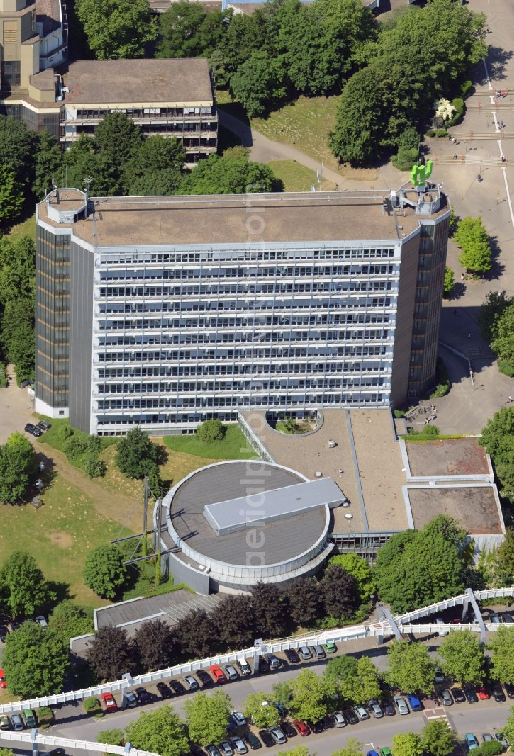 Aerial photograph Dortmund - Campus building of the university with the TU skyscraper and Audimax in Dortmund in the state North Rhine-Westphalia