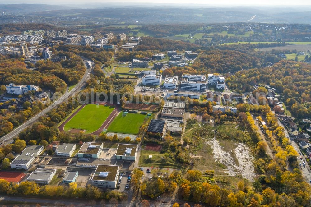 Aerial photograph Bochum - Campus building of the university Hochschule fuer Gesundheit on Gesundheitscampus in the district Bochum-Querenburg in Bochum at Ruhrgebiet in the state North Rhine-Westphalia, Germany