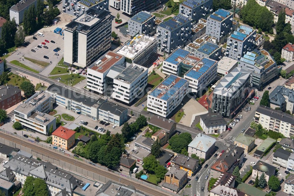 Salzburg from the bird's eye view: Campus building of the university Paracelsus Medizinische Privatuniversitaet in Salzburg in Oesterreich