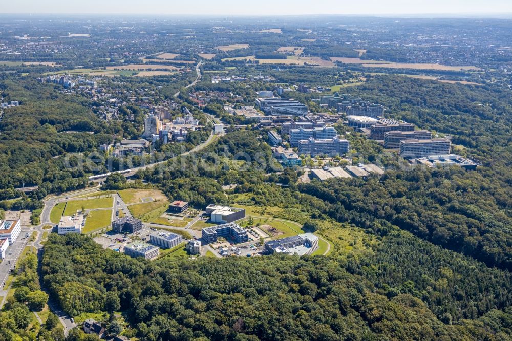 Bochum from above - Campus building of the university Ruhr-Universitaet Bochum overlooking the health campus with a construction site for the new building of the company building of the think about IT GmbH in the district Querenburg in Bochum in the state North Rhine-Westphalia, Germany