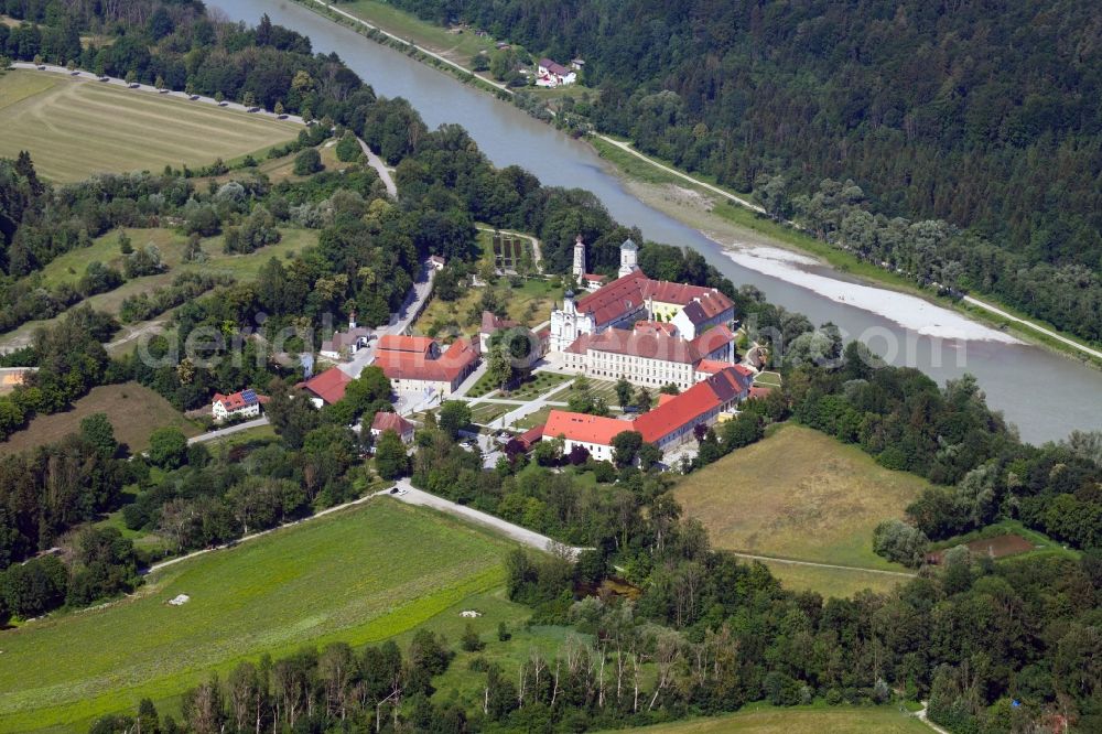 Raitenhaslach from above - Campus building of the university TUM Akademiezentrum in ehemaligen ZisterA?zienserA?kloster in Raitenhaslach in the state Bavaria, Germany