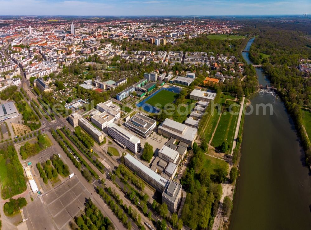 Leipzig from above - Campus building of the university Universitaet Leipzig - Sportwissenschaftliche Fakultaet on Jahnallee in Leipzig in the state Saxony, Germany