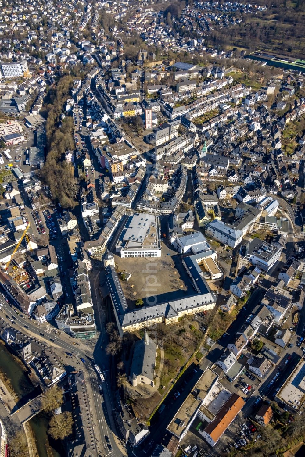 Aerial image Siegen - Campus building of the university Universitaet Siegen - Campus Unteres Schloss in Siegen on Siegerland in the state North Rhine-Westphalia, Germany