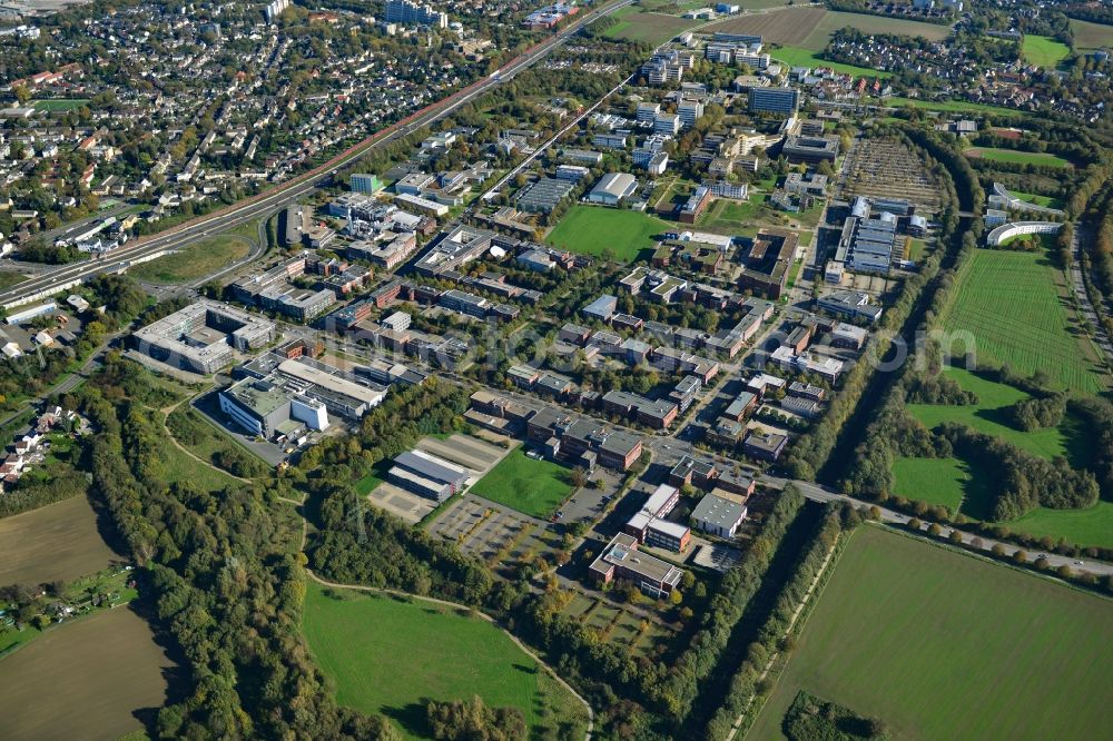 Dortmund from the bird's eye view: Campus North of the Technical University of Dortmund in the state of North Rhine-Westphalia. The campus with its buildings, institutions and facilities is located South of federal motorway A40