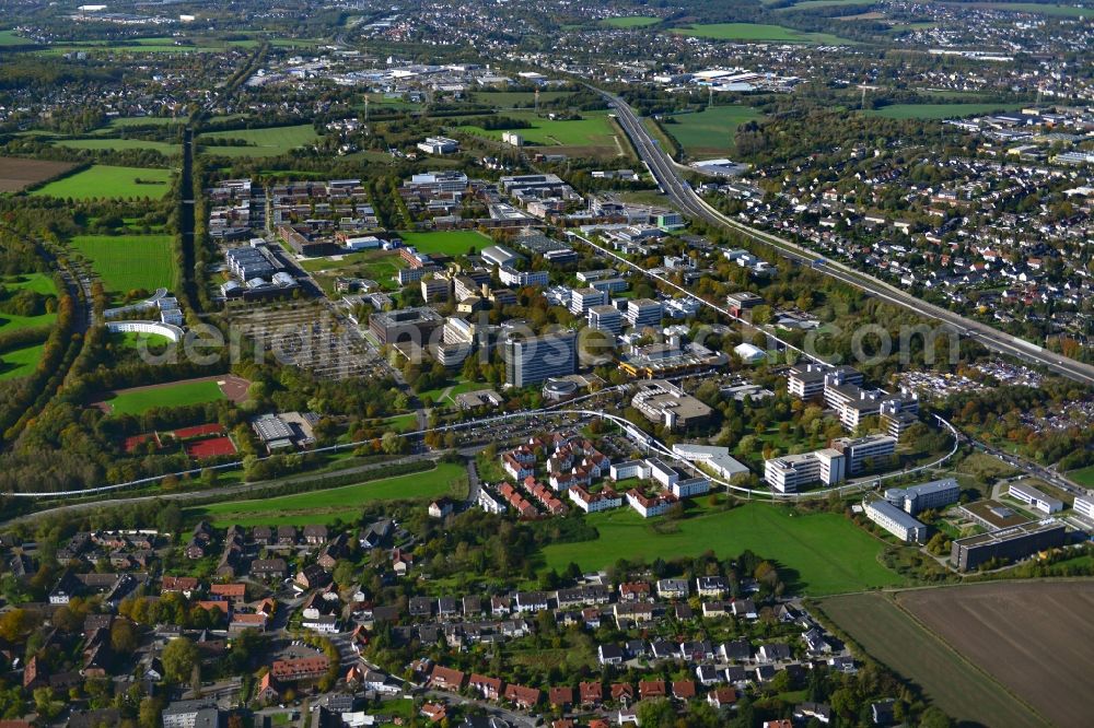 Aerial photograph Dortmund - Campus North of the Technical University of Dortmund in the state of North Rhine-Westphalia. The campus with its buildings, institutions and facilities is located South of federal motorway A40