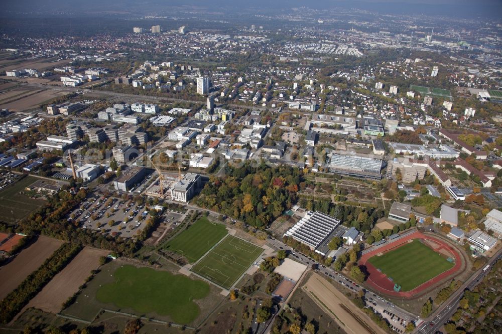 Aerial image Mainz - Campus grounds of the University Johannes Gutenberg in Mainz in the state Rhineland-Palatinate