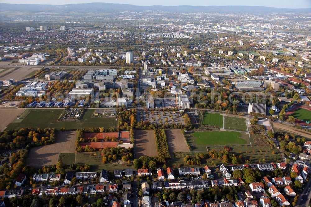 Aerial image Mainz - Campus grounds of the University Johannes Gutenberg in Mainz in the state Rhineland-Palatinate