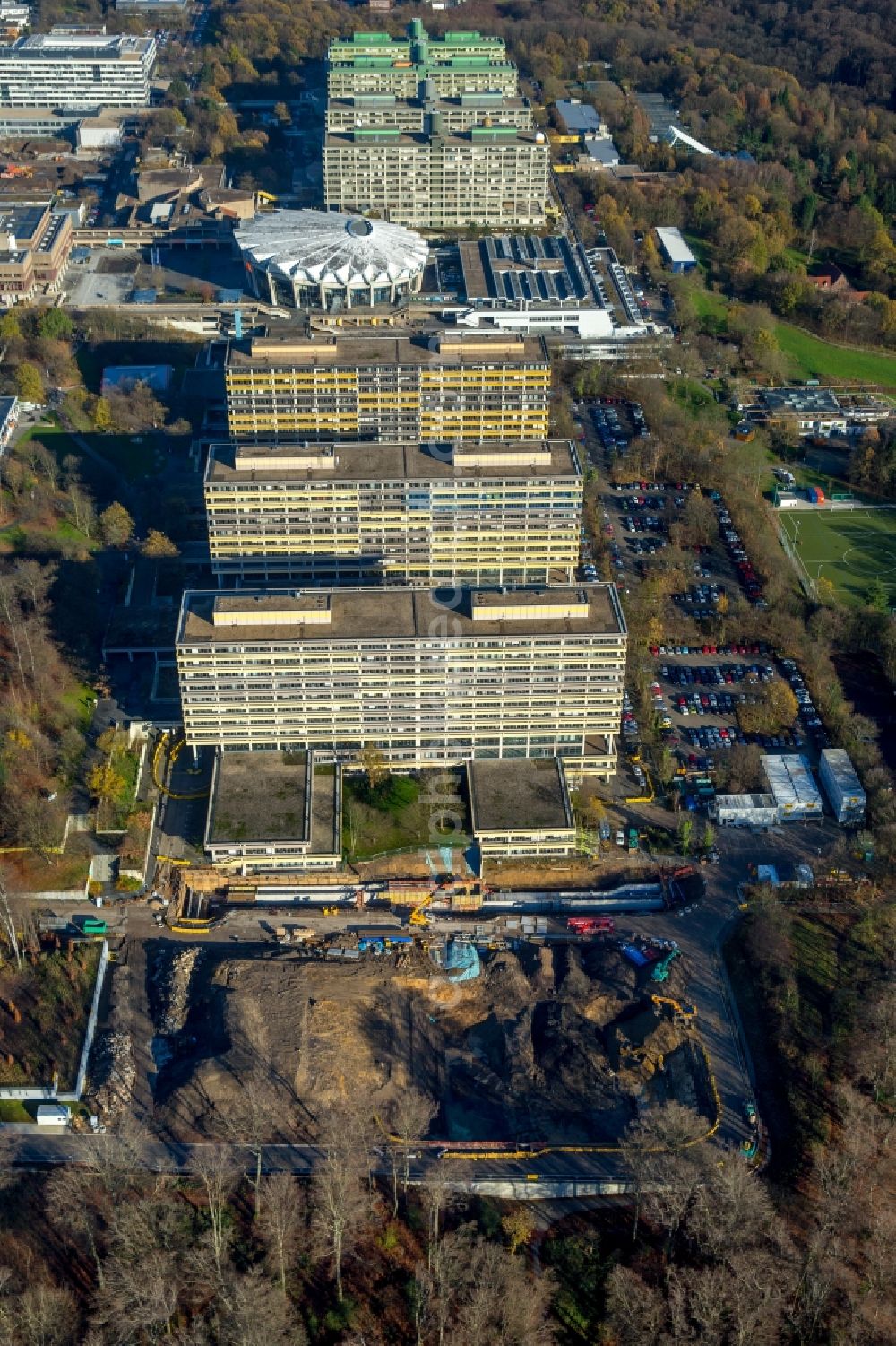 Aerial image Bochum - Construction site of Campus grounds of the University Ruhr-Universitaet in Bochum in the state North Rhine-Westphalia