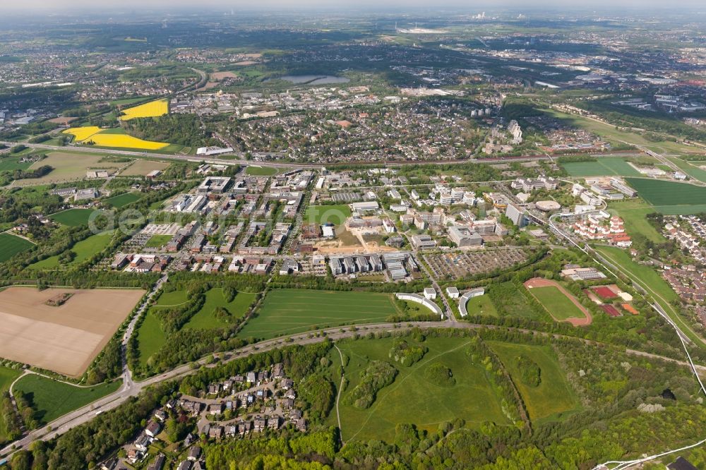 Dortmund from above - View at the North Campus of the Technical University Dortmund in the federal state North Rhine-Westphalia. Among others the Institute For Analytical Science, the Departments of thermodynamics and Biotechnology, Electrical Drives, economics and social sciences, the Fraunhofer Institute for Material Flow and Logistics, the Max Planck Institute of Molecular Physiology and the University Library are located here