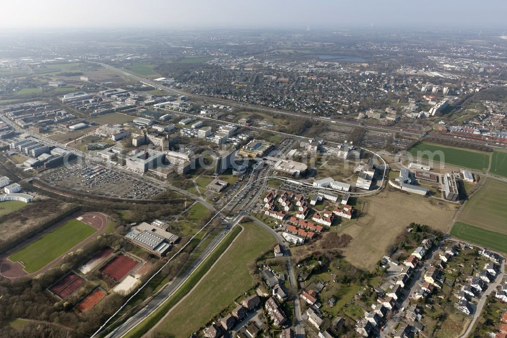 Dortmund from the bird's eye view: View at the North Campus of the Technical University Dortmund in the federal state North Rhine-Westphalia. Among others the Institute For Analytical Science, the Departments of thermodynamics and Biotechnology, Electrical Drives, economics and social sciences, the Fraunhofer Institute for Material Flow and Logistics, the Max Planck Institute of Molecular Physiology and the University Library are located here