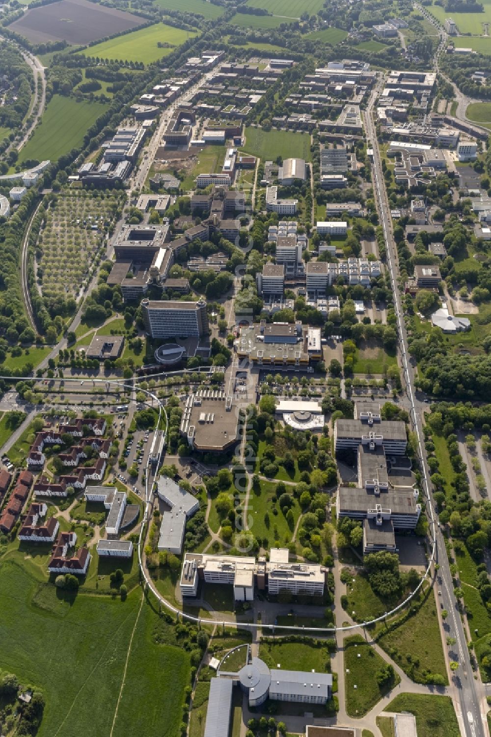 Dortmund from above - View at the North Campus of the Technical University Dortmund in the federal state North Rhine-Westphalia. Among others the Institute For Analytical Science, the Departments of thermodynamics and Biotechnology, Electrical Drives, economics and social sciences, the Fraunhofer Institute for Material Flow and Logistics, the Max Planck Institute of Molecular Physiology and the University Library are located here