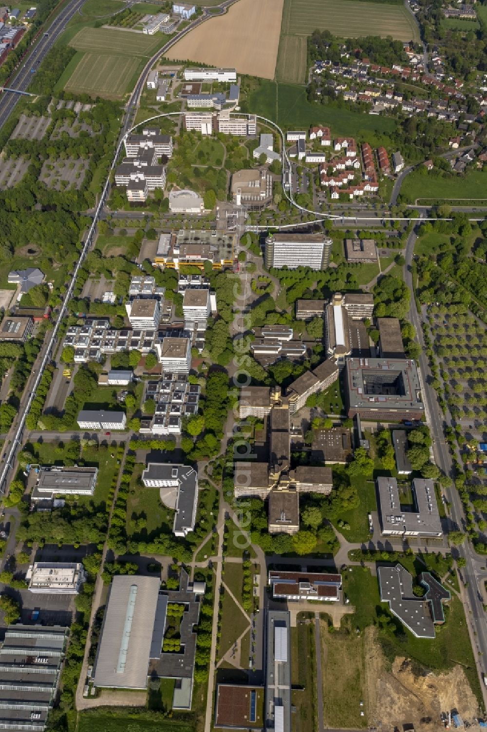 Dortmund from the bird's eye view: View at the North Campus of the Technical University Dortmund in the federal state North Rhine-Westphalia. Among others the Institute For Analytical Science, the Departments of thermodynamics and Biotechnology, Electrical Drives, economics and social sciences, the Fraunhofer Institute for Material Flow and Logistics, the Max Planck Institute of Molecular Physiology and the University Library are located here