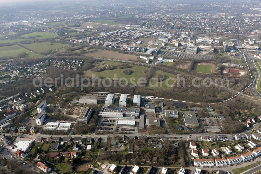 Aerial photograph Dortmund - View at the South Campus of the University of Dortmund in the federal state North Rhine-Westphalia NRW. Among others, the Transfer Office of the University, the Faculty of Construction, the Student Union, the Institute of Forming Technology and Lightweight Constructions and the Center for Informatics, IT and Media are located here