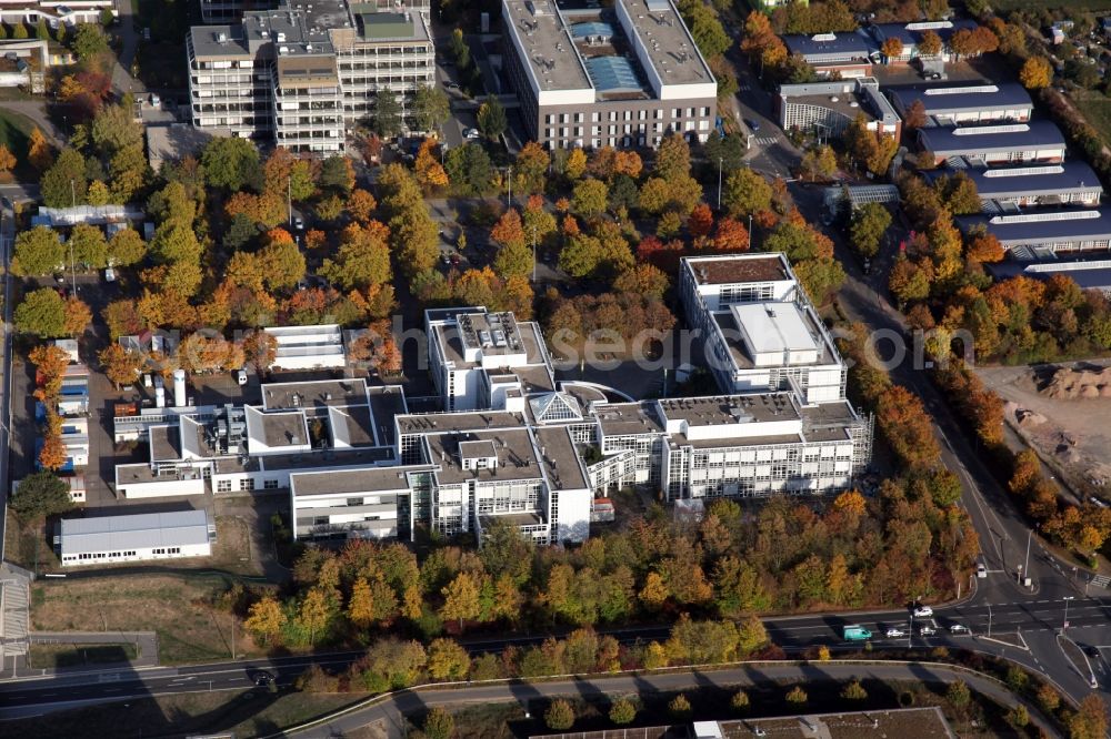 Mainz from the bird's eye view: Campus University- area des Max Planck Institutes in Mainz in the state Rhineland-Palatinate. The Max Planck Institute for Polymer Research in Mainz is a center for research of new materials from polymers