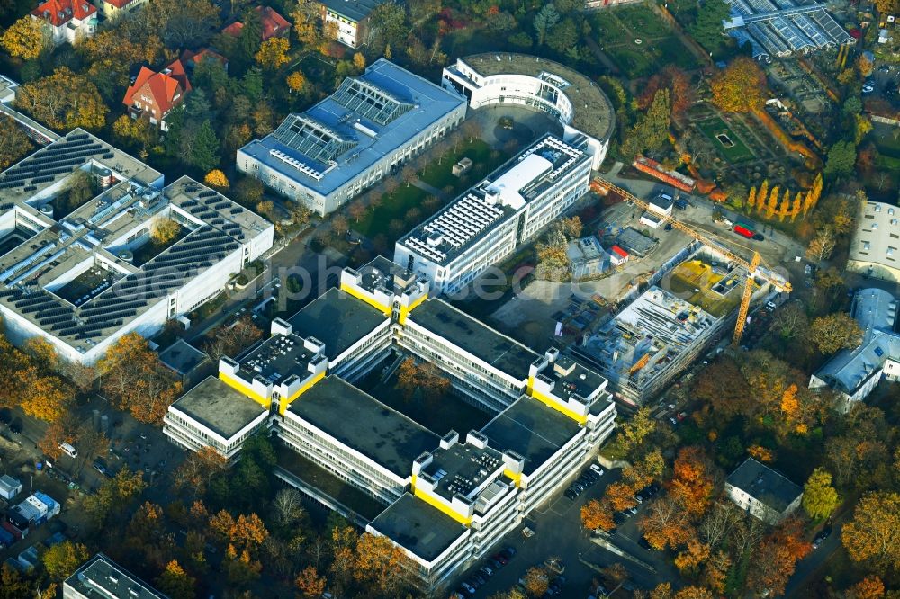 Berlin from the bird's eye view: Campus university area with new construction site of Forschungsneubau SupraFAB of Freien Universitaet in Berlin, Germany