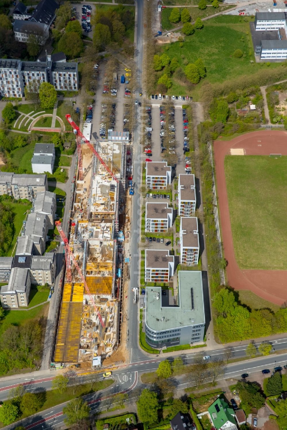 Bielefeld from the bird's eye view: Campus university area with new construction site Innovationszentrum on Morgenbreede in the district Schildesche in Bielefeld in the state North Rhine-Westphalia