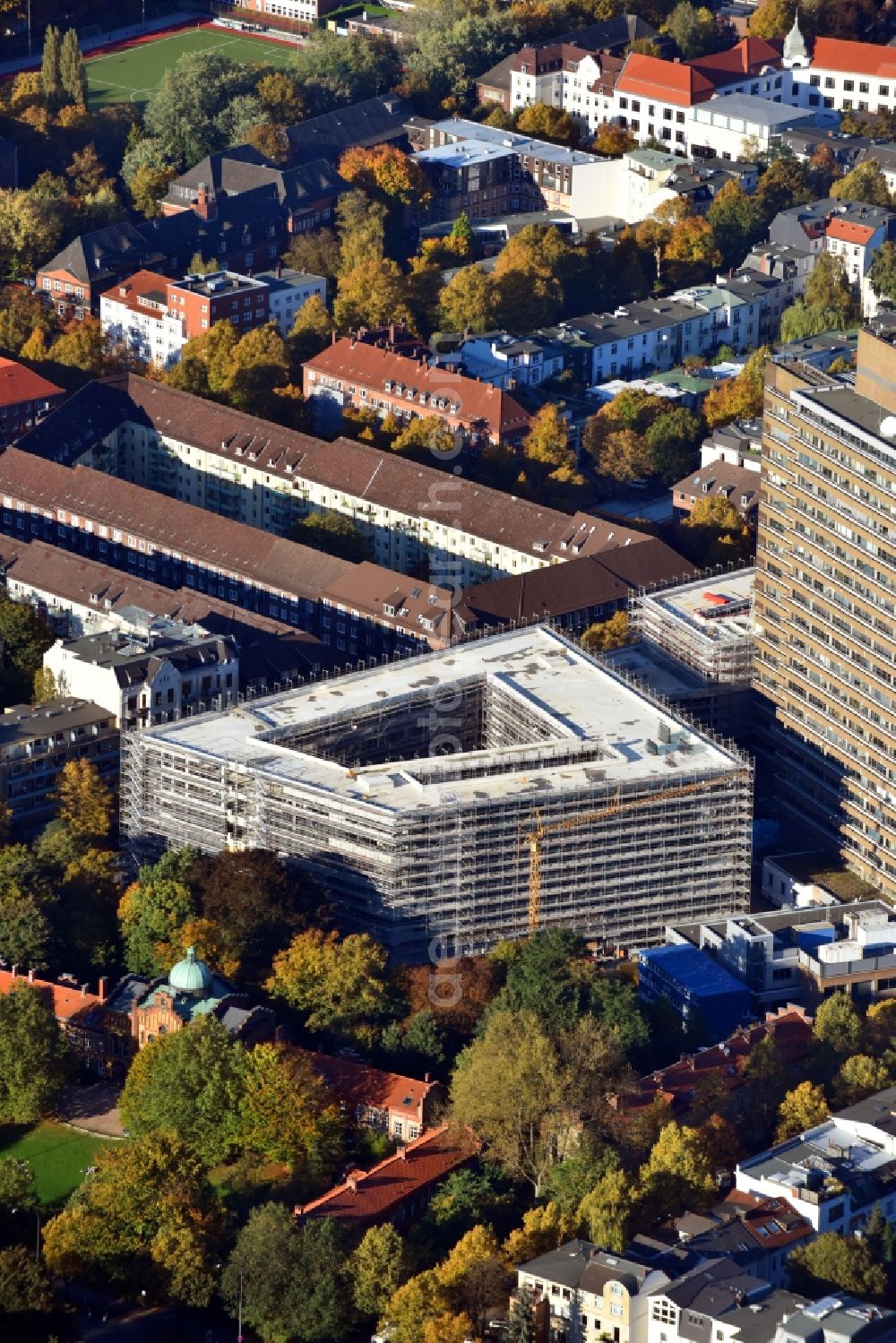 Aerial photograph Hamburg - Campus university area with new construction site Universitaet Hamburg on Bundesstrasse - Beim Schlump in the district Eimsbuettel in Hamburg, Germany