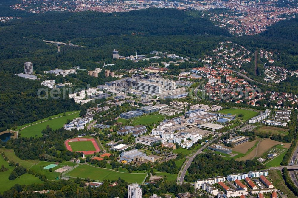 Aerial photograph Stuttgart - Campus Vaihingen of the university of Stuttgart in the state of Baden-Wuerttemberg. This area includes the Media University, the institute center of the Fraunhofer Society and several dormitories