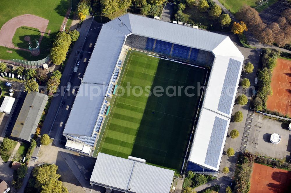 Mannheim from above - Blick auf das Carl-Benz Stadion im Bezirk Oststadt in Mannheim. Das Stadion wurde 1994 eröffnet und nach dem Automobilbauer Carl Benz benannt, der in Mannheim seine Werkstatt hatte. View to the Carl-Benz stadium in the district Oststadt of Mannheim, wich was built in 1994.