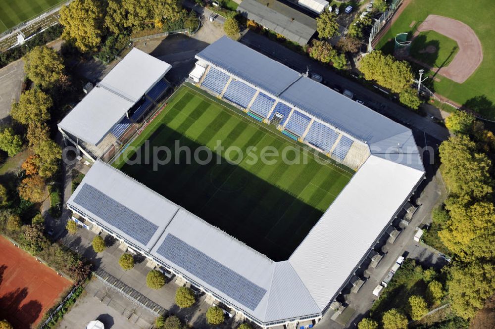 Mannheim from above - Blick auf das Carl-Benz Stadion im Bezirk Oststadt in Mannheim. Das Stadion wurde 1994 eröffnet und nach dem Automobilbauer Carl Benz benannt, der in Mannheim seine Werkstatt hatte. View to the Carl-Benz stadium in the district Oststadt of Mannheim, wich was built in 1994.