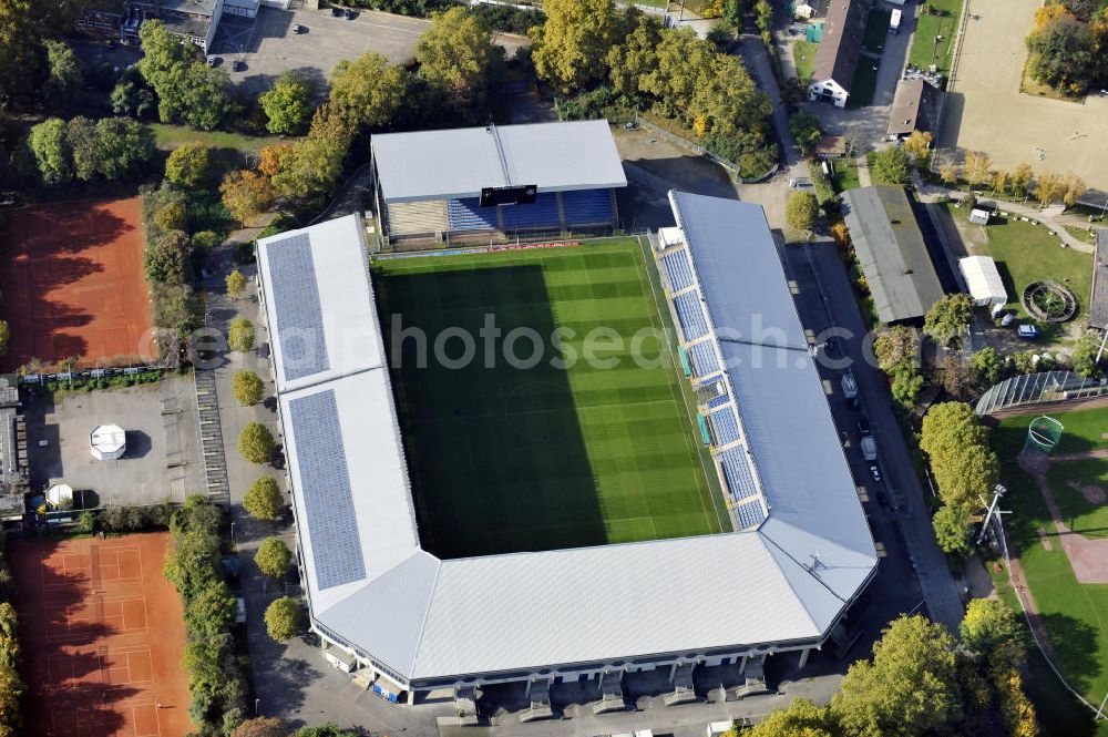 Aerial image Mannheim - Blick auf das Carl-Benz Stadion im Bezirk Oststadt in Mannheim. Das Stadion wurde 1994 eröffnet und nach dem Automobilbauer Carl Benz benannt, der in Mannheim seine Werkstatt hatte. View to the Carl-Benz stadium in the district Oststadt of Mannheim, wich was built in 1994.