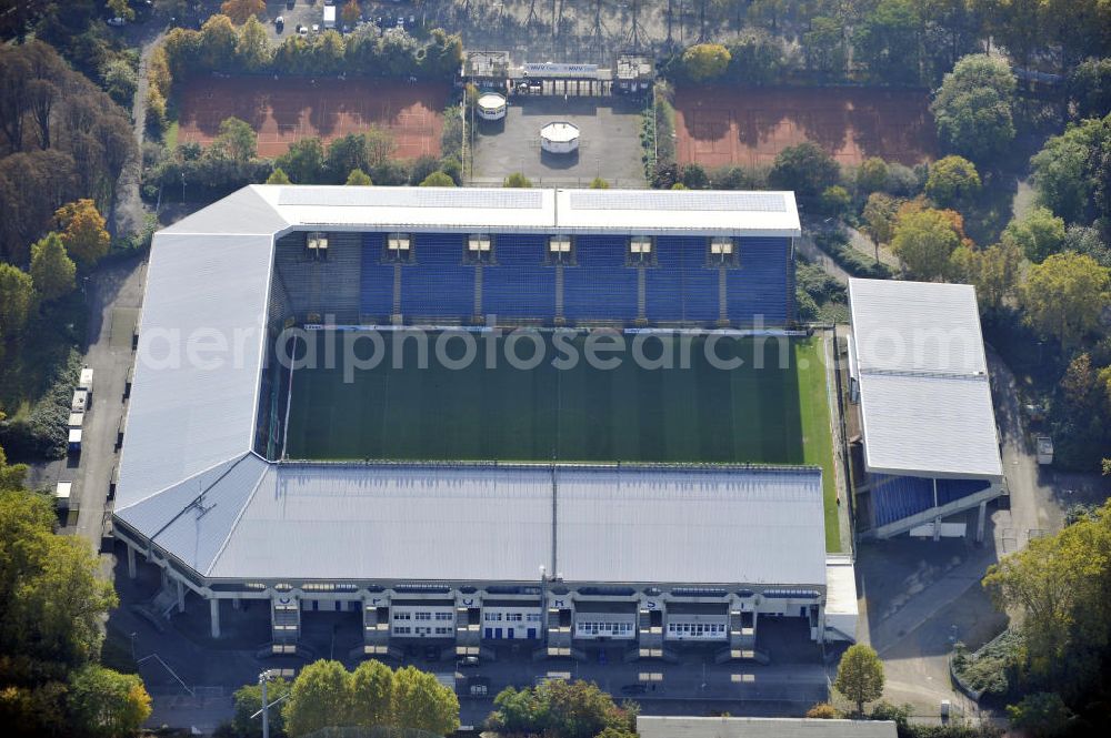 Aerial image Mannheim - Blick auf das Carl-Benz Stadion im Bezirk Oststadt in Mannheim. Das Stadion wurde 1994 eröffnet und nach dem Automobilbauer Carl Benz benannt, der in Mannheim seine Werkstatt hatte. View to the Carl-Benz stadium in the district Oststadt of Mannheim, wich was built in 1994.