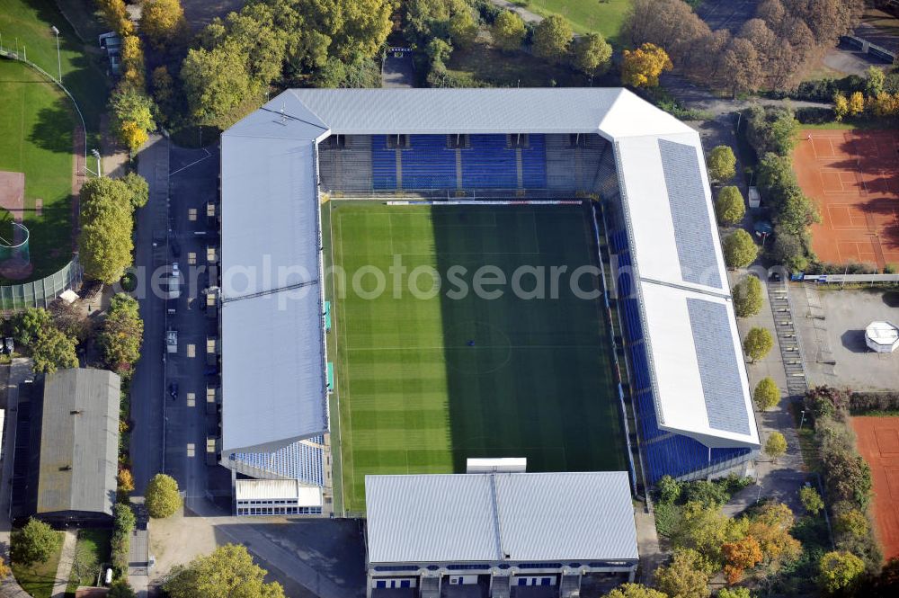 Mannheim from the bird's eye view: Blick auf das Carl-Benz Stadion im Bezirk Oststadt in Mannheim. Das Stadion wurde 1994 eröffnet und nach dem Automobilbauer Carl Benz benannt, der in Mannheim seine Werkstatt hatte. View to the Carl-Benz stadium in the district Oststadt of Mannheim, wich was built in 1994.