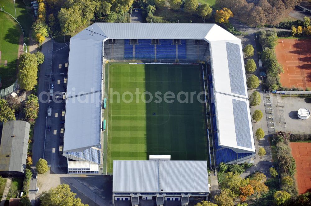 Aerial image Mannheim - Blick auf das Carl-Benz Stadion im Bezirk Oststadt in Mannheim. Das Stadion wurde 1994 eröffnet und nach dem Automobilbauer Carl Benz benannt, der in Mannheim seine Werkstatt hatte. View to the Carl-Benz stadium in the district Oststadt of Mannheim, wich was built in 1994.