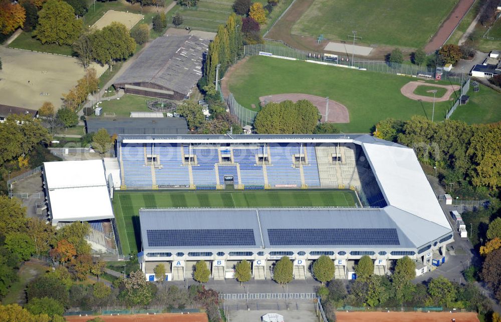 Aerial photograph Mannheim - Blick auf das Carl-Benz Stadion im Bezirk Oststadt in Mannheim. Das Stadion wurde 1994 eröffnet und nach dem Automobilbauer Carl Benz benannt, der in Mannheim seine Werkstatt hatte. View to the Carl-Benz stadium in the district Oststadt of Mannheim, wich was built in 1994.