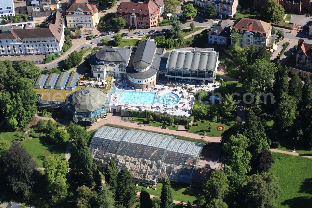 Badenweiler from above - The center of the spa facilities in Badenweiler in the state of Baden-Wuerttemberg with Cassiopeia Therme, the spa and the castle ruins