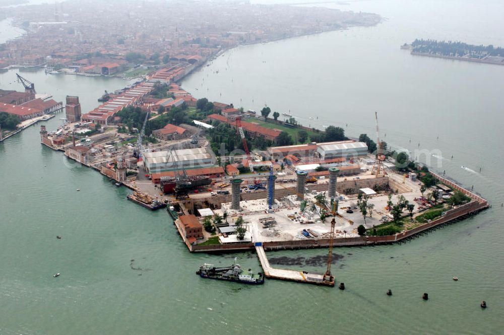 Aerial image Venedig - Blick über den Stadtbezirk Castello auf die Schiffswerft Arsenal und das Trockendock in Venedig. View above the district Castello to the dockyard Arsenal and the dry dock in Venice.