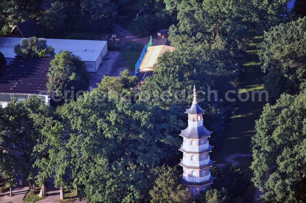 Oranienbaum-Wörlitz from the bird's eye view: View at the Chinese pagoda in the castle garden of Oranienbaum, a local part of Oranienbaum-Wörlitz in Saxony-Anhalt. It was built during the reconstruction of the island garden between 1793 and 1797 by the english horticulturist Sir William Chambers