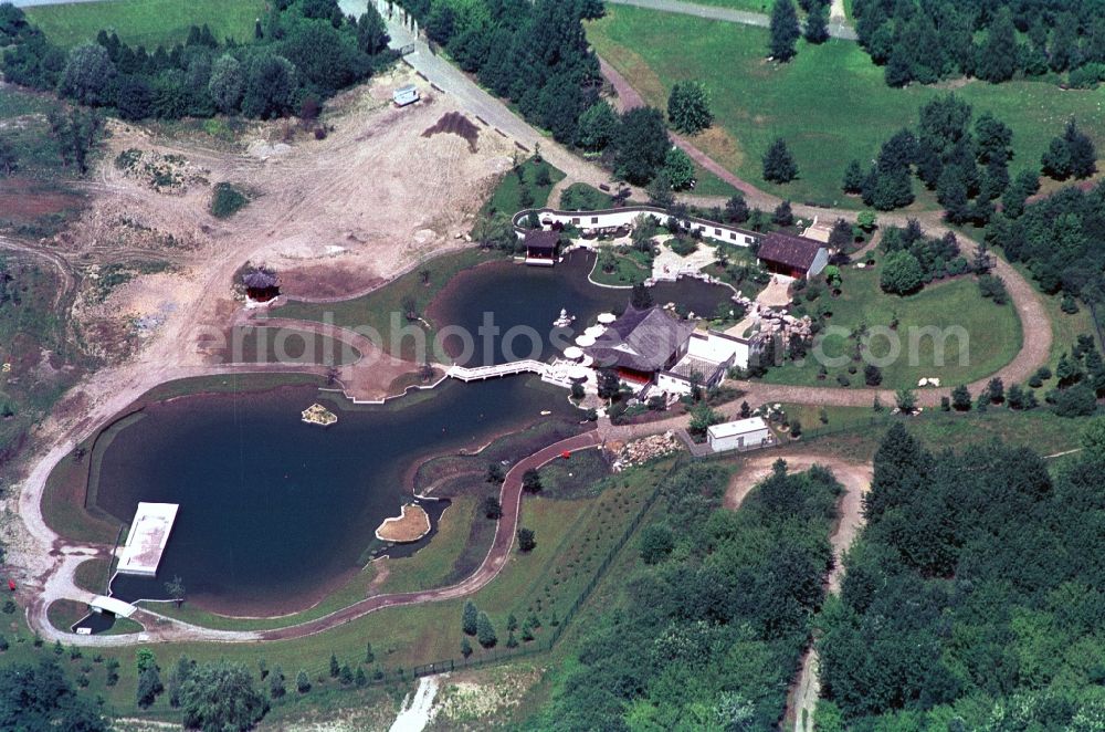 Aerial image Berlin - The Chinese Garden on the grounds of the Gardens of the World in Berlin-Marzahn was built to plans of classical Chinese garden art and was named Garden of the Reclaimed Moon. The sight object with precious woods, stones, rocks, sculptures and furniture is considered as symbol of friendship for the twinning between Berlin and the Chinese capital