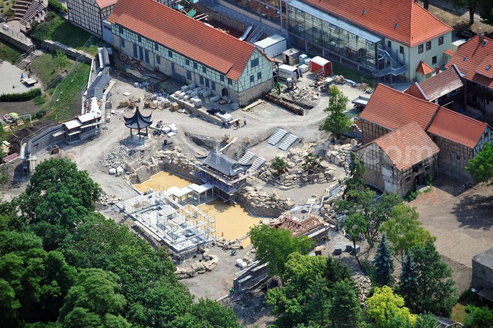 Aerial image Weißensee / Thürigen - Baustelle vom Neubau eines Chinesischen Garten im ehemaligen Pfaffenhof in Weißensee am Nordrand des Thüringer Beckens an der Unstrut. Die Pagoden wurden durch eine chinesische Baufirma errichtet. New build construction site of a Chinese Garden in Weißensee in Thuringia.