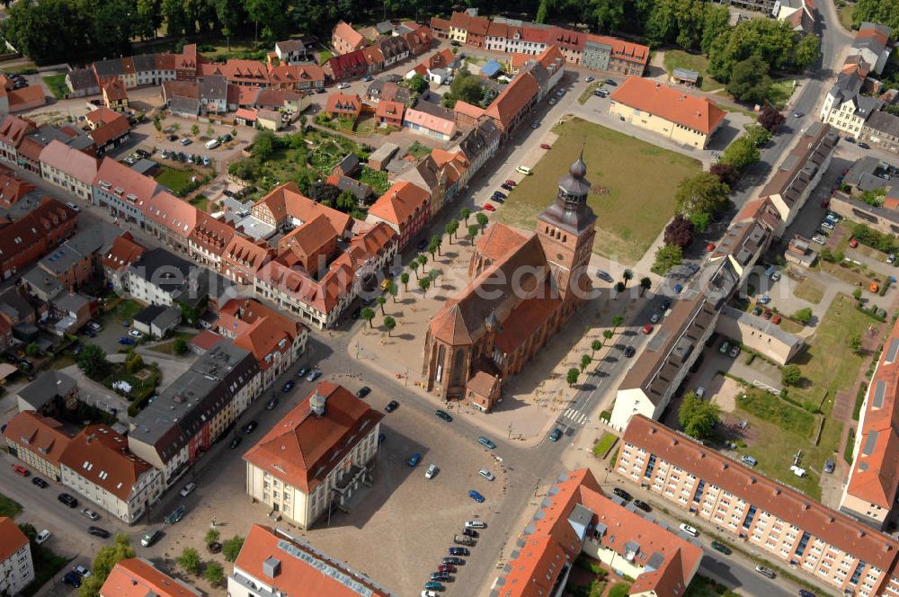 Aerial photograph Malchin - Blick auf die St. Johanniskirche im Stadtzentrum von Malchin in Mecklenburg-Vorpommern. View of the church St. Johannis in the town centre of Malchin in Mecklenburg-Western Pomerania / MV.