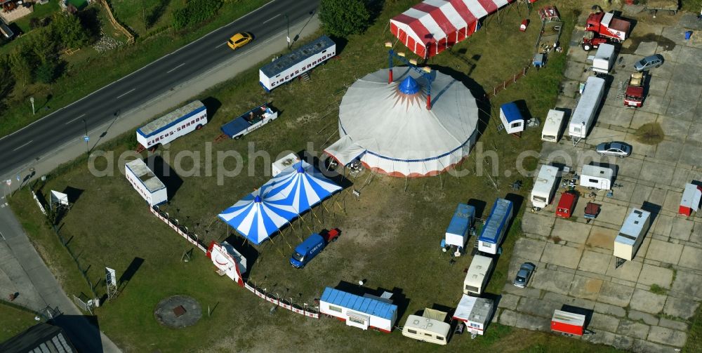 Aerial photograph Bernau - Circus tent domes of the circus Circus Samadhi on Albertshofer Chaussee in Bernau in the state Brandenburg, Germany