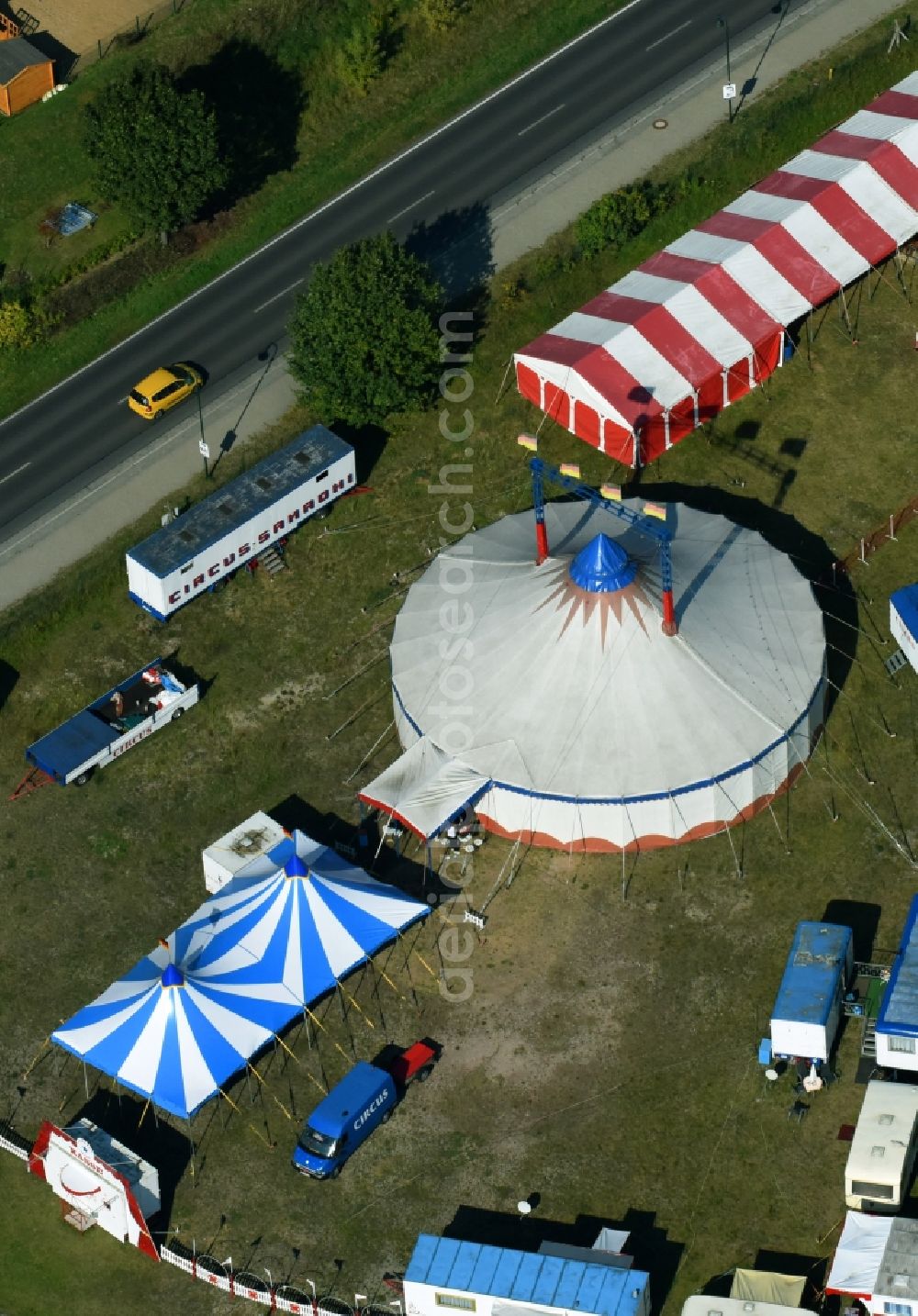 Bernau from above - Circus tent domes of the circus Circus Samadhi on Albertshofer Chaussee in Bernau in the state Brandenburg, Germany