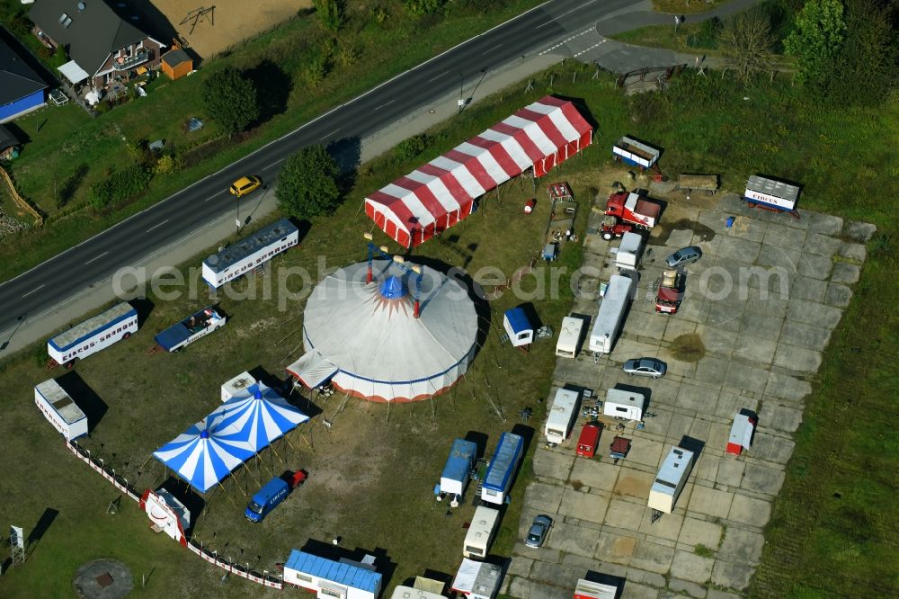 Bernau from the bird's eye view: Circus tent domes of the circus Circus Samadhi on Albertshofer Chaussee in Bernau in the state Brandenburg, Germany