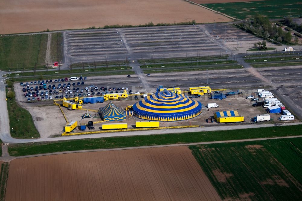 Mainz from the bird's eye view: Circus tent domes of a circus in Mainz in the state Rhineland-Palatinate, Germany