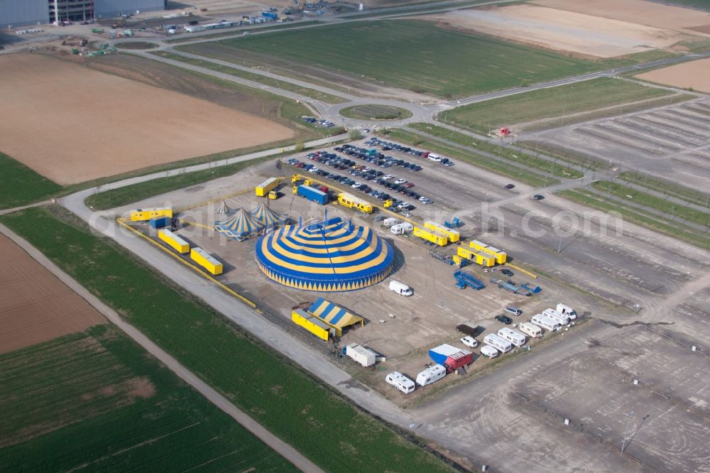 Aerial image Mainz - Circus tent domes of a circus in Mainz in the state Rhineland-Palatinate, Germany