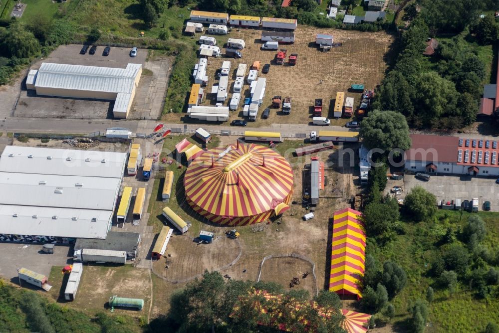 Pasewalk from the bird's eye view: Circus tent domes of the circus Probst in Pasewalk in the state Mecklenburg - Western Pomerania, Germany