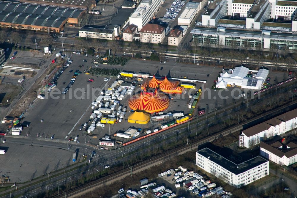 Karlsruhe from above - Circus tent domes of the circus Ricoe on the Messplatz in Karlsruhe in the state Baden-Wuerttemberg