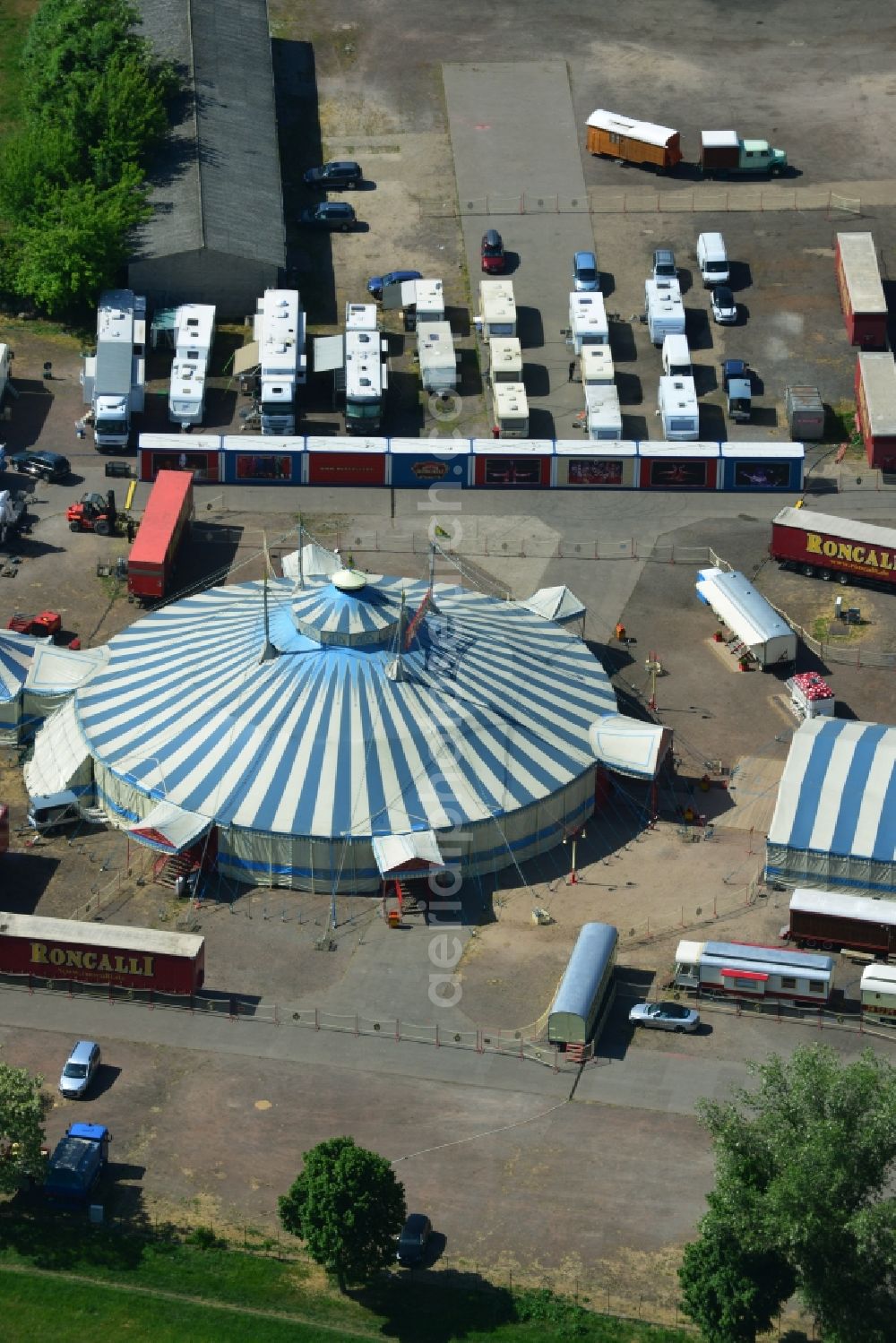 Magdeburg from above - Circus tent domes of the circus Roncalli in Magdeburg in the state Saxony-Anhalt