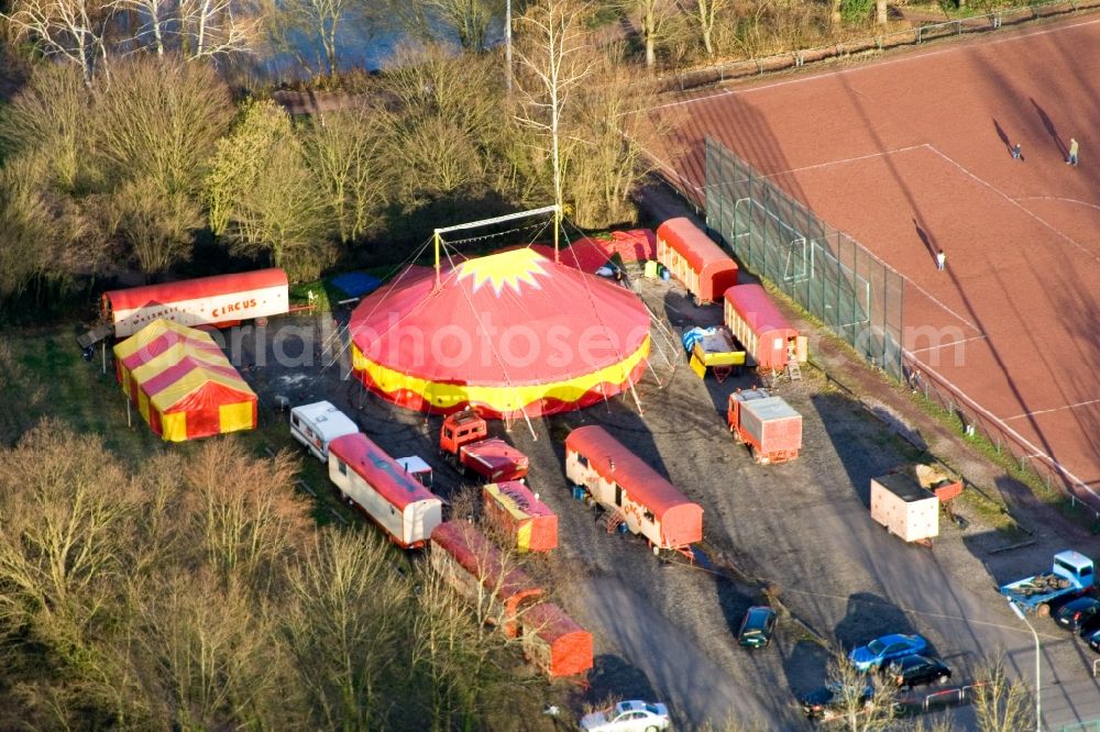 Kandel from above - Circus tent domes of the circus Weisheit at the sport field in Kandel in the state Rhineland-Palatinate