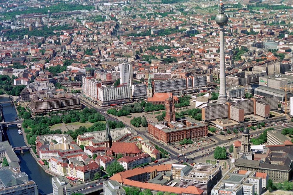 Berlin from the bird's eye view: View on the Alexanderplatz in the City-East of Berlin-Mitte. Good to see are the Nikolai Quarter, the Red Town Hall, TV-tower, the Rathauspassagen, the Palace Hotel, the Old Town House and St. Mary's Church