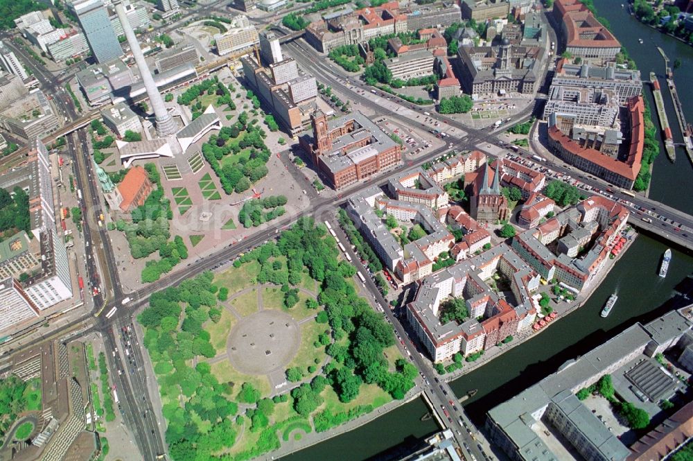 Berlin from above - View on the Alexanderplatz in the City-East of Berlin-Mitte. Good to see are the Nikolai Quarter, the Red Town Hall, the base of the TV tower, the Marx and Engels Forum and the Rathauspassagen